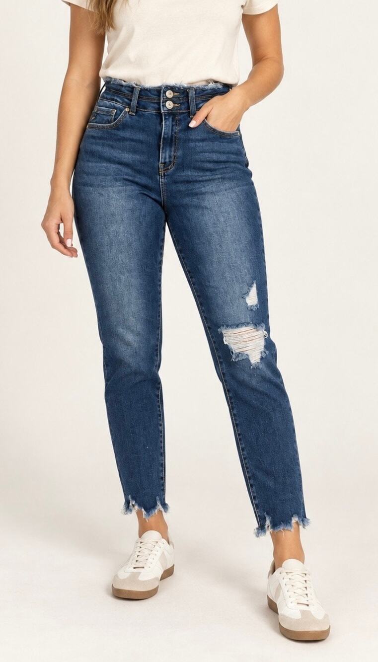 Kancan Distressed Jeans Double Button Frayed Waist Raw Hem size 7/27